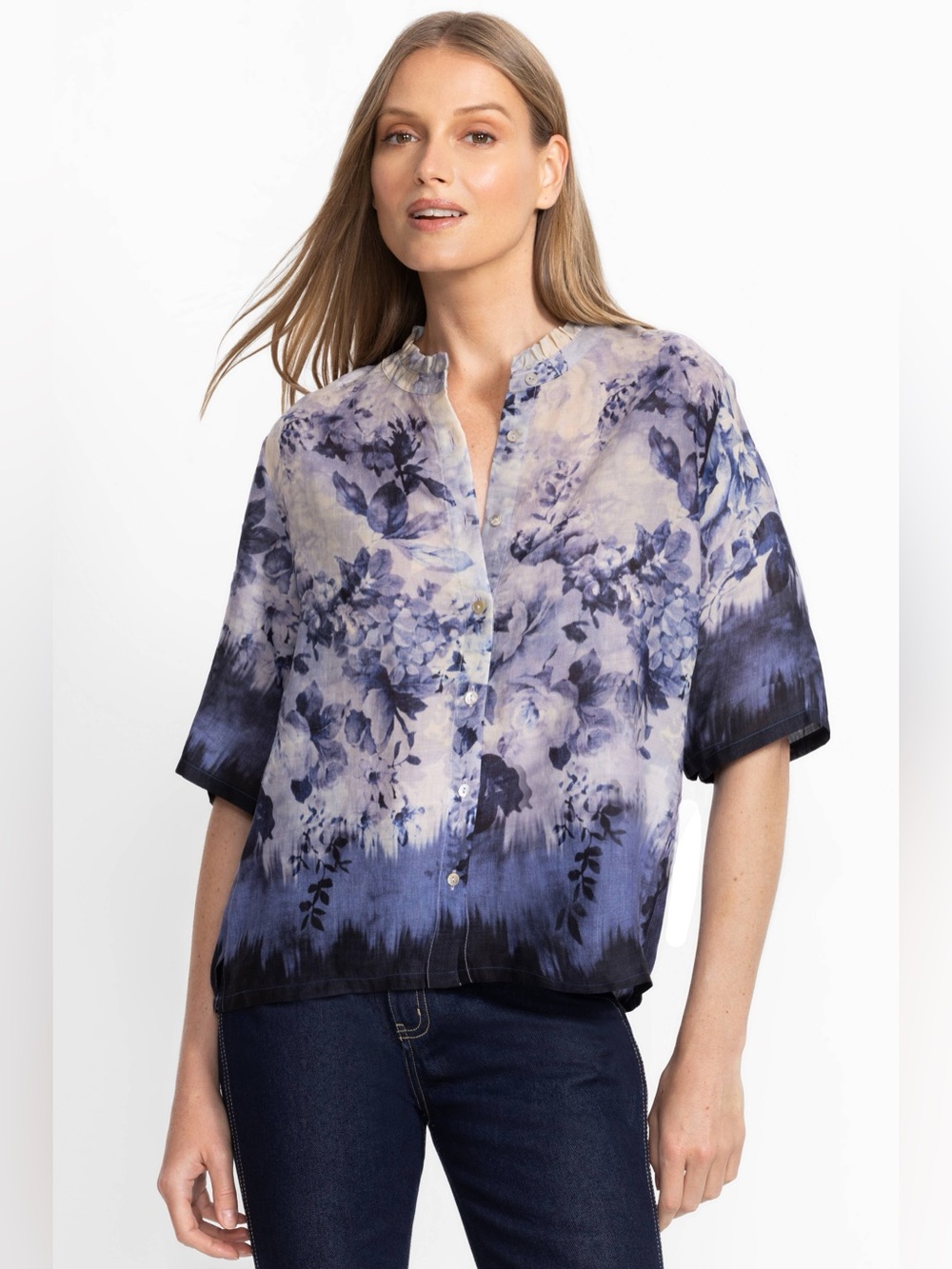Johnny Was Ruffle Neck Floral Shirt Size M